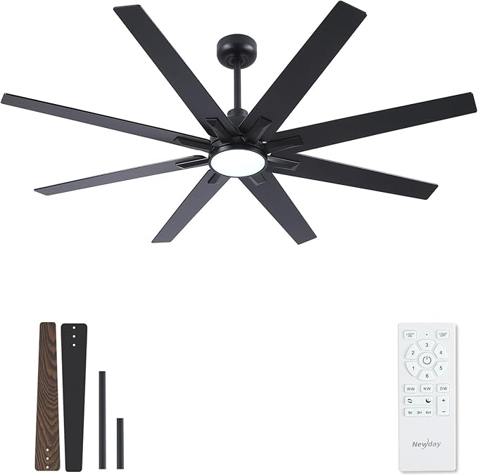 Newday 62 inch Large Ceiling Fans with Lights and Remote, Indoor/Outdoor Black Ceiling Fan for Living Room Patio, 6 Speeds Slient Reversible DC Motor, 3CCT, Timer, 2 Downrods, 8 Blades
