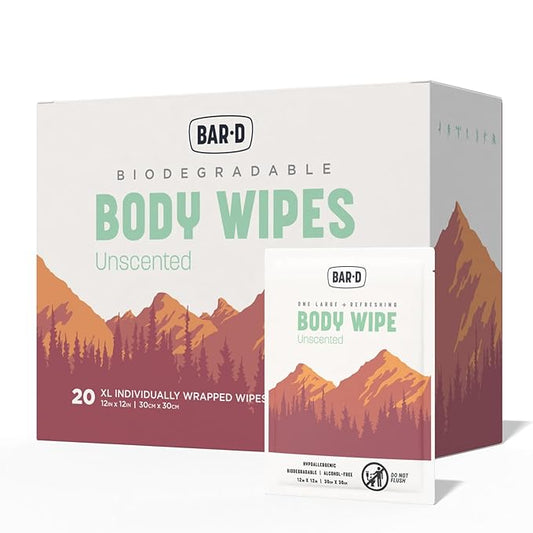 Bar-D Cleansing Face & Body Wipes for Women and Men - Individually Wrapped Biodegradable Shower Wipes, 12x12 Inch, Pack of 20 (20 Count/Box), Unscented