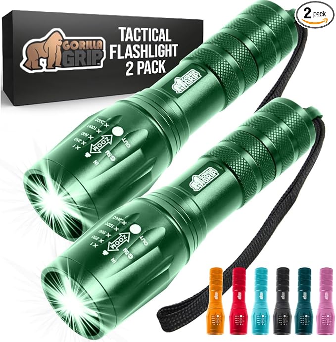 GORILLA GRIP Powerful LED Tactical Flashlight, 750 FT High Lumens 5 Adjustable Modes, Water Resistant, Ultra Bright Zoom Flashlights, Small Mini Flash Light, Camping, Night Dog Walking, 2 Pack Green