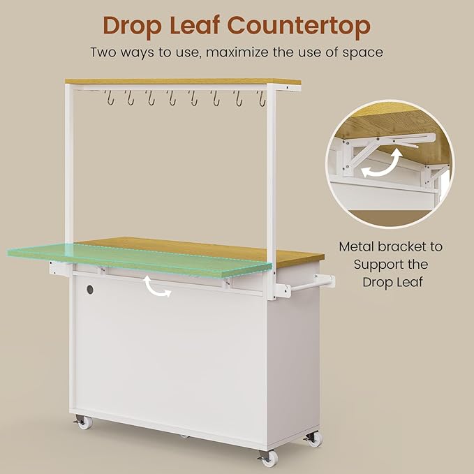 Itaar Rolling Kitchen Island Table on Wheels with Drop Leaf, 40" Mobile Kitchen Carts with Trash can Storage, Storage Cabinet, Drawer, Spice/Towel Rack, White