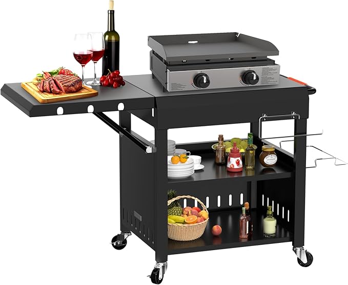 Outdoor Grill Table Cart for Blackstone 28"/36" Omnivore Griddle, 50" x 22“ Large Prep Station Grill Stand with Foldable Side Table for Blackstone 17”/22” Griddle, Ninja Woodfire, Ooni Pizza Oven