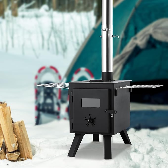 VEVOR Camping Wood Stove Alloy Steel Camping Tent Stove, Portable Wood Burning Stove with Chimney Pipes & Gloves, 1400in³Firebox Hot Tent Stove for Outdoor Cooking and Heating with 8 Pipes