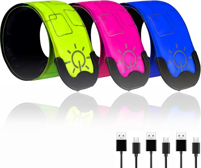 LED Safety Wristband Lights - Rechargeable Light Up Arm Ankle Band Kids Magic Slap Glow Bracelets Reflective Belt High Visibility for Night Cycling Walking Joggers Running Gear