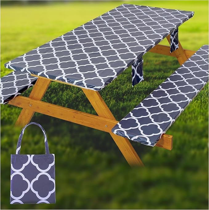 Fitted Picnic Table Cover with Bench Covers Waterproof Elastic Edges Rectangle Patio Tablecloth Outdoor Camping Essentials Stuff Rv Accessories Summer Trip Travel Supplies Party Camper Gifts, 6 f