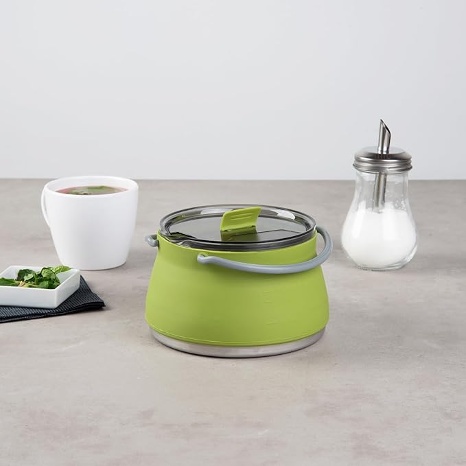 Restaurantware-Hi Tek 1 Liter Collapsible Camping Kettle, 1 Portable Cook Pot - With Perforated Lid, Stainless Steel Bottom, Silicone Camping Coffee Pot, With High Heat Nylon Handles, For Travel