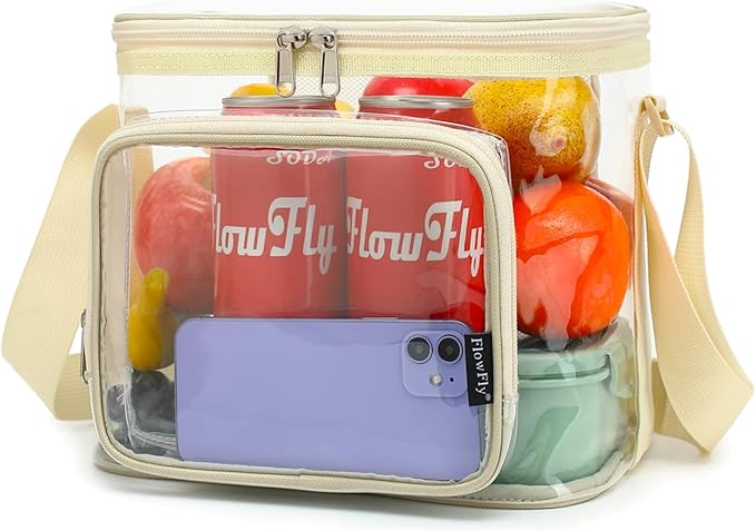 FlowFly Insulated Reusable Lunch Bag Adult Large Lunch Box for Women and Men with Adjustable Shoulder Strap,Front Zipper Pocket and Dual Large Mesh Side Pockets,Clear#Biege