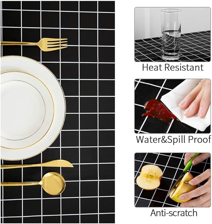 Romanstile Rectangle Plastic Tablecloth, 100% Waterproof Oil-Proof Checkered PVC Table Cloths, Heavy Duty Vinyl Table Covers for Dining, Camping, Picnic, Outdoor - 52 x 70 Inch, Black