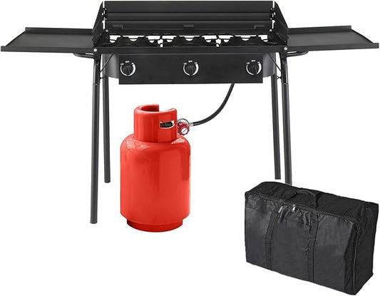 Bonnlo 3 Burners Propane Gas Stove, 225,000 BTU Portable Outdoor Camp Cooker Stove with Regulator, Side Shelves, Foldable Windpanel, Adjustable Height & Carrying Bag for Backyard, Camping, Tailgating