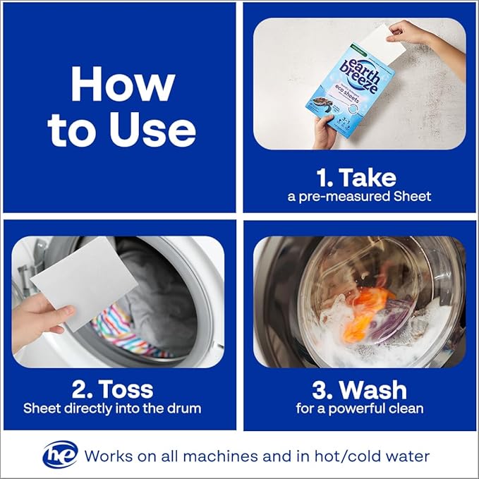 Earth Breeze Laundry Detergent Sheets Fragrance-Free - 180 Loads Eco Liquidless Soap - Travel-Friendly for Hot & Cold Cycles, Tackles Tough Stains & Odors - Gentle on Sensitive Skin, 90 Ct (3 Pack)