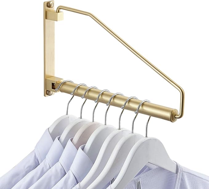 Folding Wall Mounted Clothes Hanger Rack Clothes Hook Solid Brass with Swing Arm Holder Clothing Hanging System Closet Storage Organizer Heavy Duty Drying Rack Wall Mount,Brushed Gold