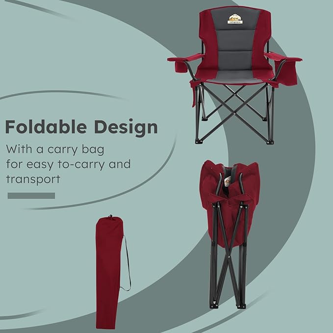 Oversized Folding Camping Chairs - 450 LBS Support Heavy Duty Camp Chair with Padded Cushion, Portable Outside Chairs with Carry Bag，Cooler, Cup Holder for Outdoor, Lawn, Sports - Red