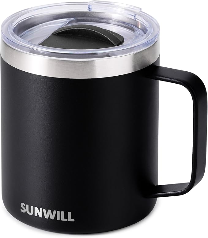 SUNWILL Travel Coffee Mug with Lid, Insulated Tumbler with Handle, 14oz Stainless Steel Cup for Camping, Outdoor, Powder Coated Black