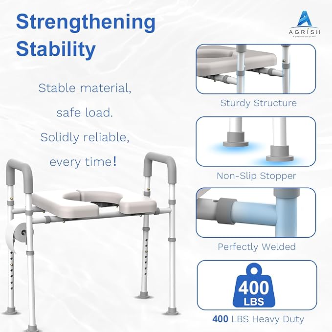 Raised Toilet Seat with Handles - Width & Height AdjustableToilet Seat Risers for Seniors, Heavy Duty Handicap Toilet Riser, Fit Any Toilet, Up to 400lbs