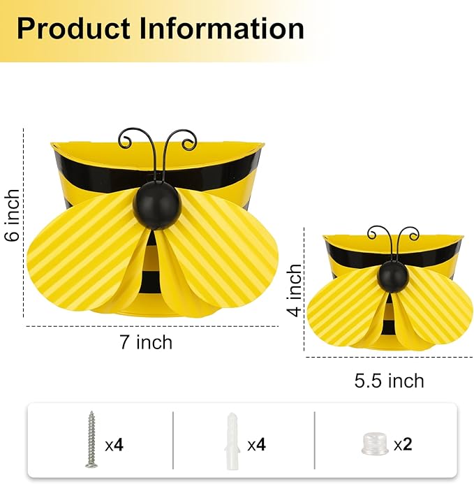 BAYN Set of 2 Bee Wall Hanging Planter Decor Art, Metal Wall Mounted Planters Garden Yard Decorative Flower Pot Indoor Outdoor Wall Planter Succulent Plant Container