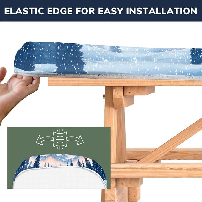 CAPSCEOLL Fitted Picnic Table Cover with Bench Covers with Elastic 6Ft Waterproof Camping Picnic Table Cover Cloths for Outdoors Camping Tablecloth with Drawstring Bag, 72X30in, Snow Mountain
