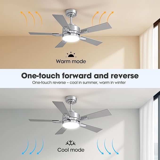 Ceiling Fan with Light, 42" Modern Low Profile Ceiling Fan with Light, DC Reversible Motor, Smart APP & Remote Control, Whisper Quiet, Dimmable LED for Bedroom/Living Room