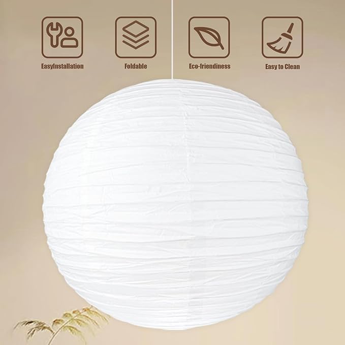 2PCS 20Inch Paper Lantern Lights, White Round Rice Paper Lamp Shades, Chinese/Japanese Paper Lantern Pendant Light for Party Decoration, Wedding, Home Decor