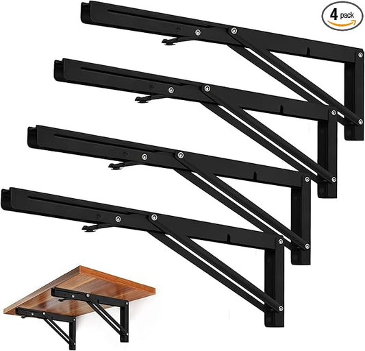 Storystore Folding Shelf Brackets - 18 Inch Heavy Duty Metal Collapsible Shelf Bracket for Bench Table, Shelf Hinge Wall Mounted Space Saving DIY Bracket, Max Load: 150 lb (4 PCS, Black)