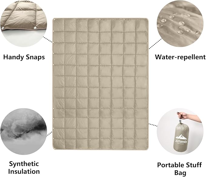 zzlamb Camping Blanket, Compact Lightweight Soft Puffy Blanket Water-Repellent, Packable Warm Quilt Down Alternative Picnic Hiking Backpacking Beach Travel RV Airplane Couch Car