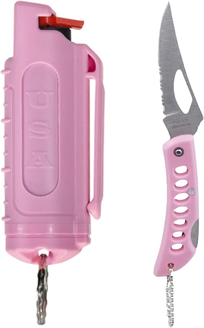 Police Magnum Belt Clip Pepper Spray Combo Safety Kit- Maximum Heat Strength OC with Pink Pocket Knife Self Defense- Made in The USA- 1 Pack Soft Pink H.S & PNK KNF