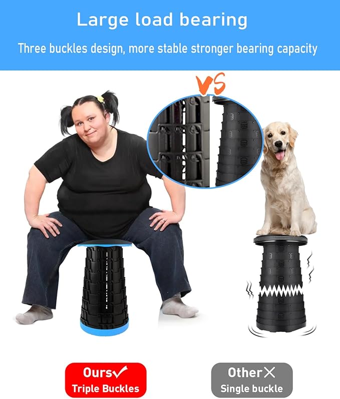 Collapsible Stool with Large Load Capacity,Portable Lightweight Folding Stool for Adults,Collapsible Chair Telescoping Design for Outdoor Fishing,Hiking,Travel,BBQ(Blue-Black)