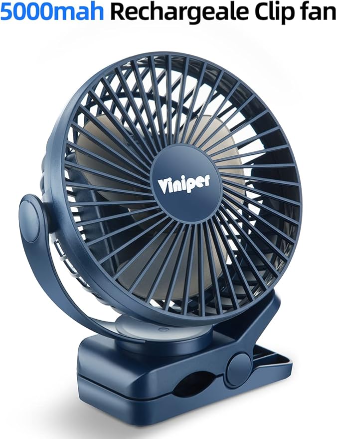 Viniper 6 inch Rechargeable Clip on Fan, 5000mah Battery Desk Fan : 360° Rotation & 3 Speeds Strong Wind Portable Fan, 8-30 Working Hours, Quiet and Powerful (Blue)
