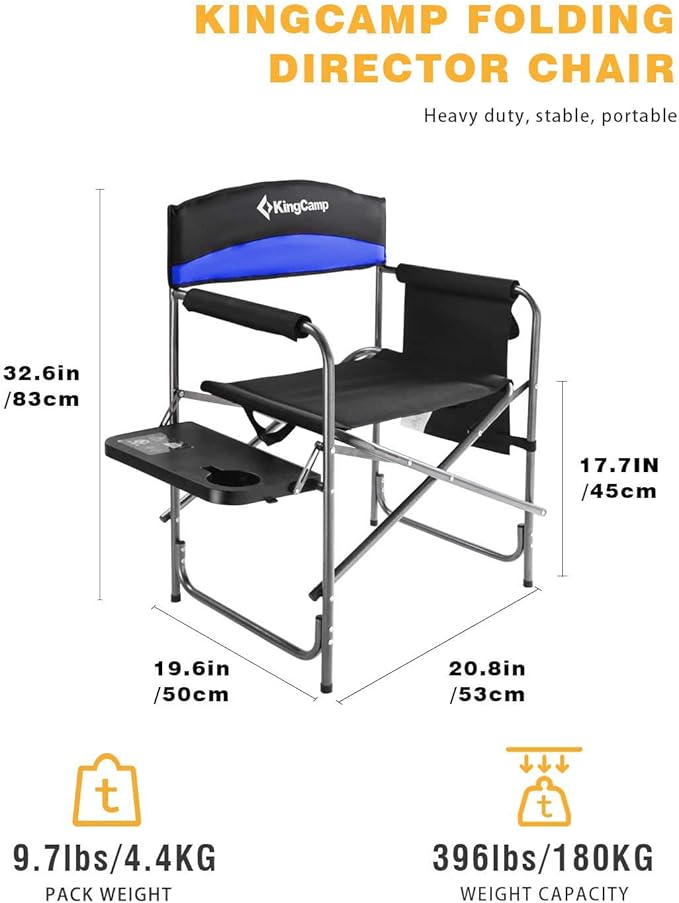 KingCamp Heavy Duty Camping Director Chair, Folding with Side Table & Storage, Blue