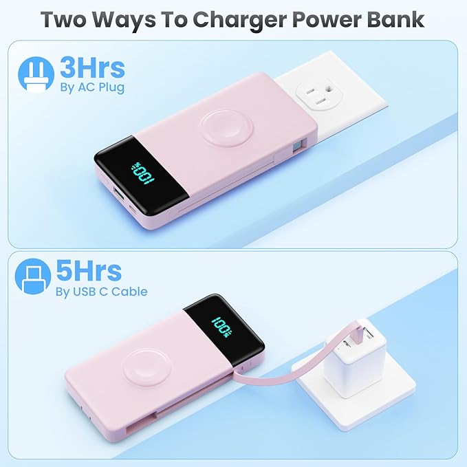 Portable Charger for iPhone with Built in Cables & Wall Plug,6-in-1 10800mah Power Bank with iWatch Charger,22.5W PD Fast Charging LCD Display Battery Pack for iPhone 16/15,Android,Apple Watch-Pink