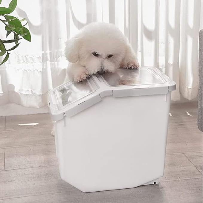 RUIAN Pet Food Storage Container, 22lb Grain Storage Barrels Sealed Bucket on Wheels Dog Cat Dry Food Bin Rice Flour Boxes with Scoop and Measuring Cup, Gray & Pink 2Pcs