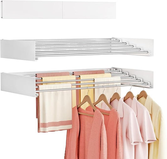 Wall Mounted Clothes Drying Rack Folding Indoor, Foldable Laundry Drying Rack Collapsible,Invisible, Space Saving, Retractable Towel Drying Rack, with Wall Template(5 Drying Rods, White 32")