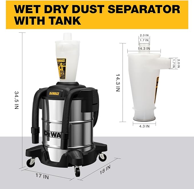 Dewalt Dust Separator with 10 Gal Stainless Steel Tank, 99.5% Efficiency Cyclone Dust Collector, High-Performance Cycle Powder Collector Filter, Dust Cyclone Collector, DXVCS003