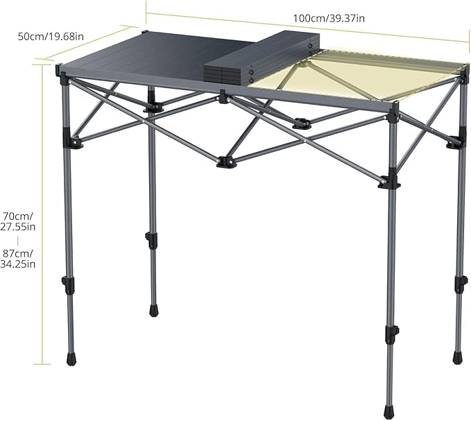 Camping Table Foldable, 2 Adjustable Height 34.2”, Large Roll Up Camping Table Support 264lbs with Storage Basket and Bag, Aluminum Outdoor Table, for Picnic Travel BBQ, 39.4” x 19.7”, Black