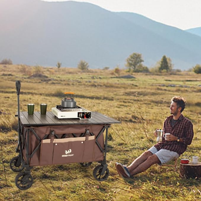 Whitsunday Folding Collapsible Utility Wagon, Heavy Duty Outdoor Park Beach Wagon with Table and Side Pocket for Camping Sports Shopping Brown