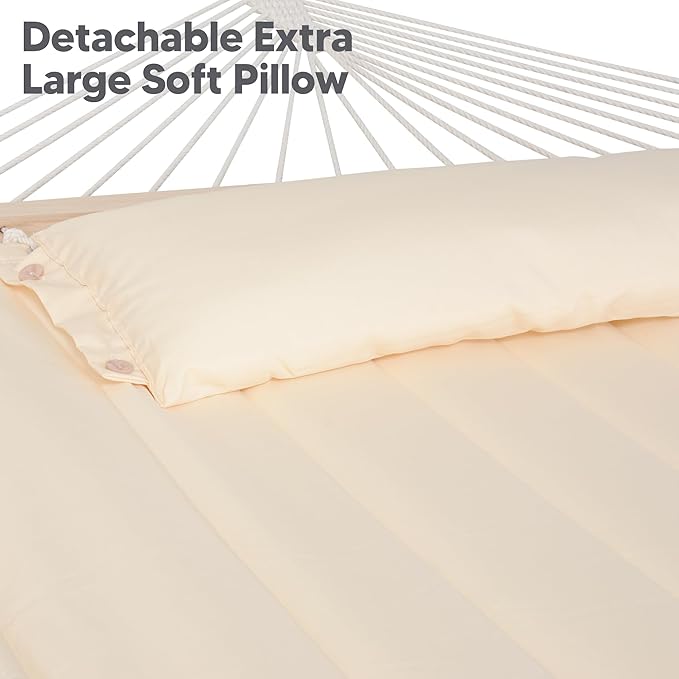 SUNCREAT Hammocks Extra Large Double Hammock with 12 ft Stand, 475lbs Capacity, Outdoor Portable Hammock with Hardwood Spreader Bar, Extra Large Pillow, Beige