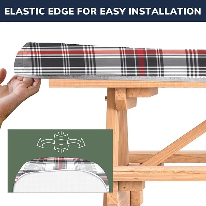 CAPSCEOLL Fitted Picnic Table Cover with Bench Covers with Elastic 6Ft Waterproof Camping Picnic Table Cover Cloths for Outdoors Camping Tablecloth with Drawstring Bag, 72X30in, Grey Red