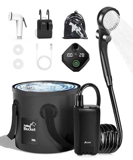 Acare Portable Shower for Camping, 6000mAh Rechargeable Camping Shower Pump with 5Gal/20L Foldable Bucket, IPX7 Waterproof Rinse Kit Portable Outdoor Shower for Hiking, Travel, Car, Pet