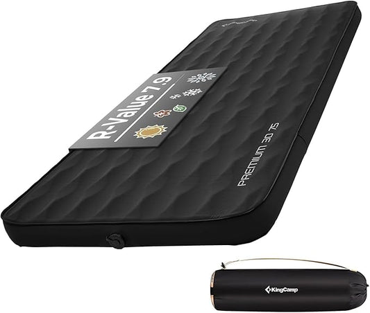 KingCamp Self Inflating Sleeping Pad, R 7.9 Air & Foam Sleeping Pad for Camping, 3" Thick Single Camping Mattress with 3D Sidewalls & Wave Surface Cut for Outdoor Tent Cot Car, PVC Free (Black)