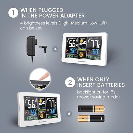 Newentor Weather Station Wireless Indoor Outdoor Thermometer, Color Display Digital Weather Thermometer with Atomic Clock, Barometric Pressure, Forecast Station with Adjustable Backlight,White,2Sensor