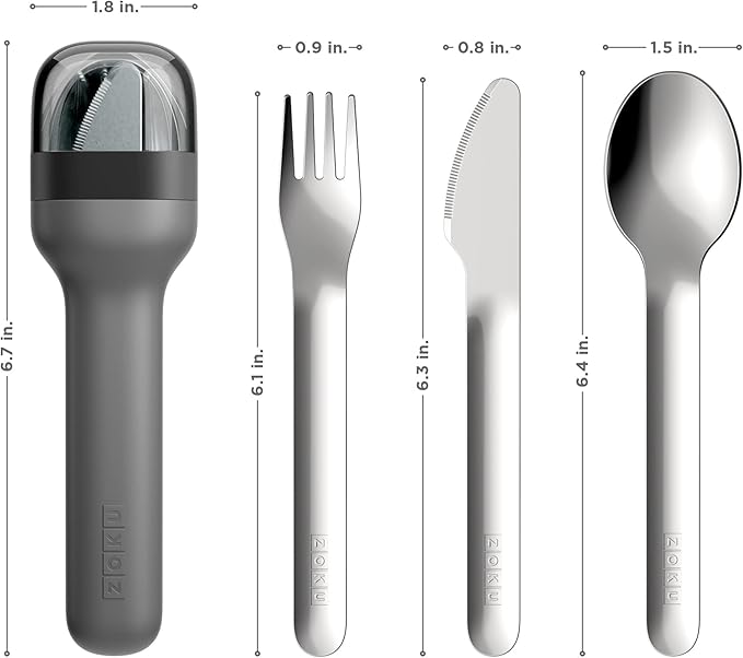 ZOKU Pocket Utensil Set, Charcoal - Stainless Steel Fork, Knife, and Spoon Nest in Hygienic Case - Portable Design for Travel, School, Work, Picnics, Camping and Outdoor Home Use