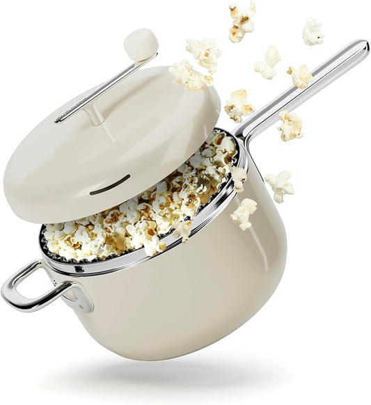 Popsmith Popcorn Popper in Cream - 6 Quart Stovetop Popcorn Machine - Stainless Steel Popcorn Maker Compatible with All Stovetops