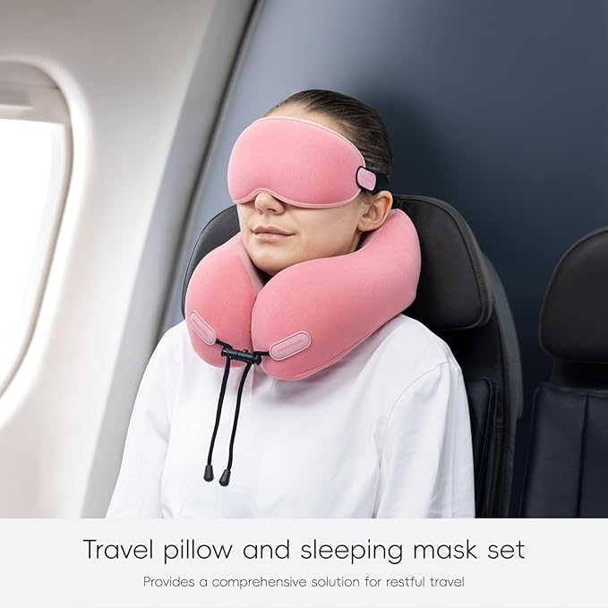 Neck Pillow for Travel Memory Foam Design Models Pillows with Zero Eye Pressure 3D Eye Mask and Compact Bag Traveling Essentials Plane Car Flight Rest Sleeping Use Adult, Pink