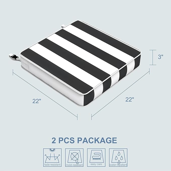 LVTXIII Patio Chair Cushions 22"x22"x3", Water-Repellent Outdoor Seat Cushions for Patio Furniture, Square Chair Pads with Ties for Home Garden Decoration, Set of 2, Cabana Black