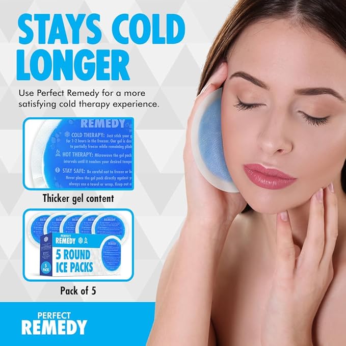 Perfect Remedy Round Gel Ice Pack, Hot & Cold Compress Reusable Injury Ice Pack Aid for Pain condition, Soothing Soft Gel for Soreness & Muscle Strain Support, Hot Water Bottle Alternative (5Pk, Blue)