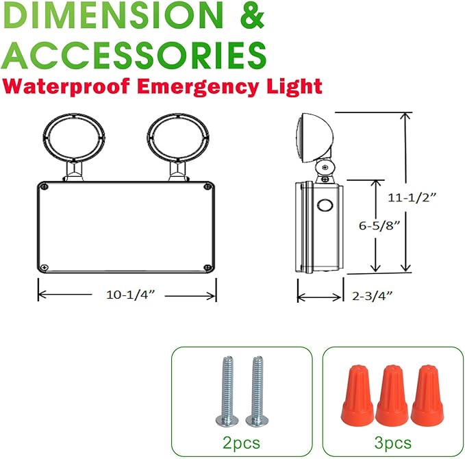 Waterproof LED Emergency Light, White housing, Dual Rotational LED Emergency Light with Backup Battery, Commercial Grade, Fire Resistant，Suitable for Wall Mount, Wet Location WMU