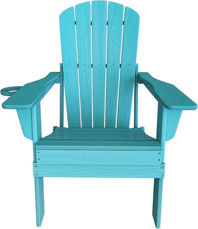 Folding Adirondack Chair, SGS Tested, Wooden Textured with Cup Holder, Heavy All-Weather HDPE Comfortable Set Poolside Backyard Lawn Aruba Blue