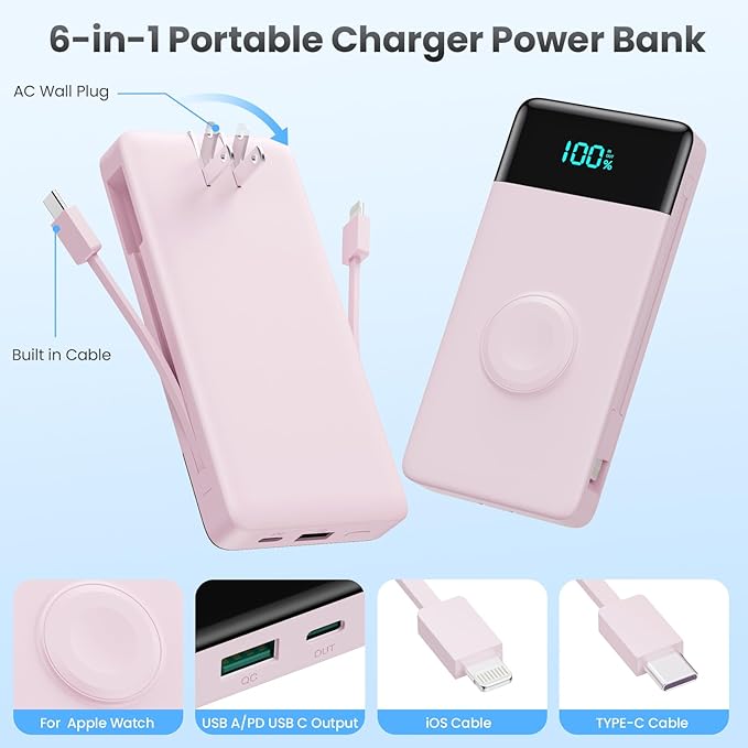 Portable Charger for iPhone with Built in Cables & Wall Plug,6-in-1 10800mah Power Bank with iWatch Charger,22.5W PD Fast Charging LCD Display Battery Pack for iPhone 16/15,Android,Apple Watch-Pink