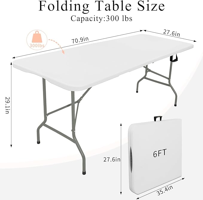 Set of 2 Folding Tables with Carrying Handle Lightweight Rectangular Portable Plastic Camping Table Steel Legs for Party, Dining, Wedding, Events, Picnic Indoor, Outdoor (6FT, White)