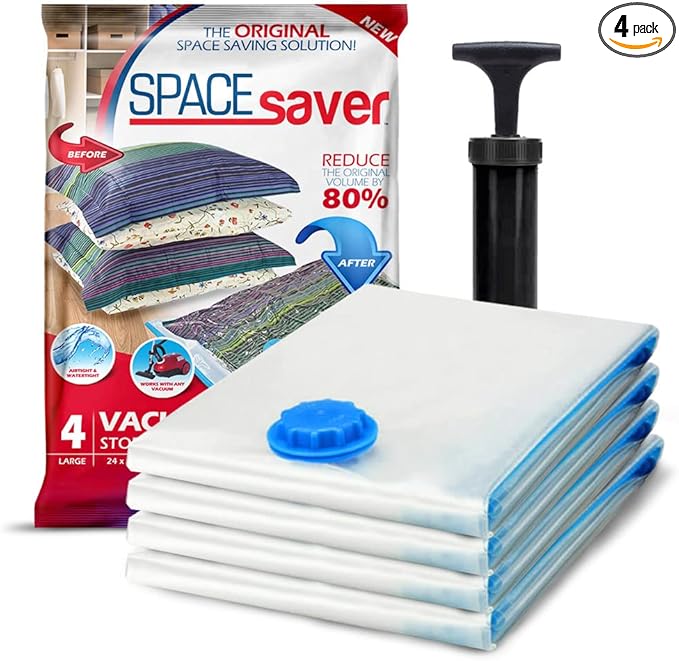 4 Pack Large Vacuum Storage Bags for Comforters, Blankets & Clothes – Vacuum Sealed Compression Bags with Hand Pump – Space Saver Storage Bags for Bedding, Moving, Travel & Organization