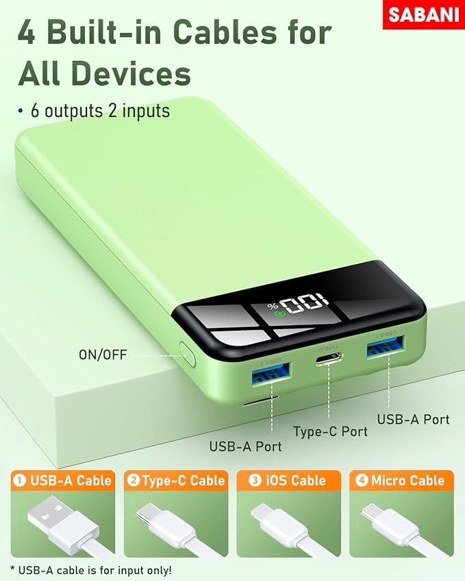 SABANI Portable Charger 35000mAh Power Bank - Portable Battery with 4 Built in Cables, 22.5W Fast Charging Battery Pack Compatible with iPhone 15 14 13 Samsung Android Cell Phone etc (1 Pack, Green)