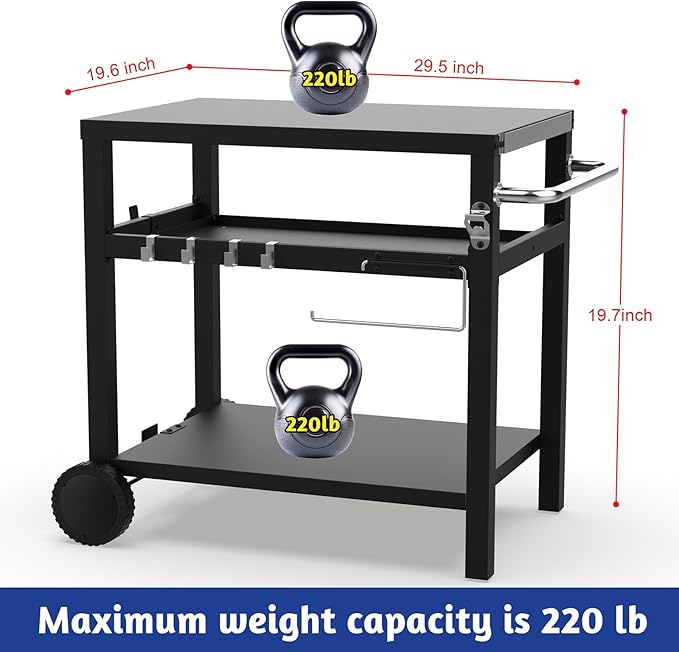 29.5''x19.6'' Outdoor Grill Cart, Pizza Oven Table Stand, 3-Shelves Food Prep Table for Ninja Woodfire, Ooni Pizza Oven, 17'' & 22'' Blackstone Griddle, Grill Stand for Picnic, Camping
